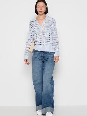 DKNY Jeans Knit Sweater Gray Open Knit V Neck Long Sleeve Size S